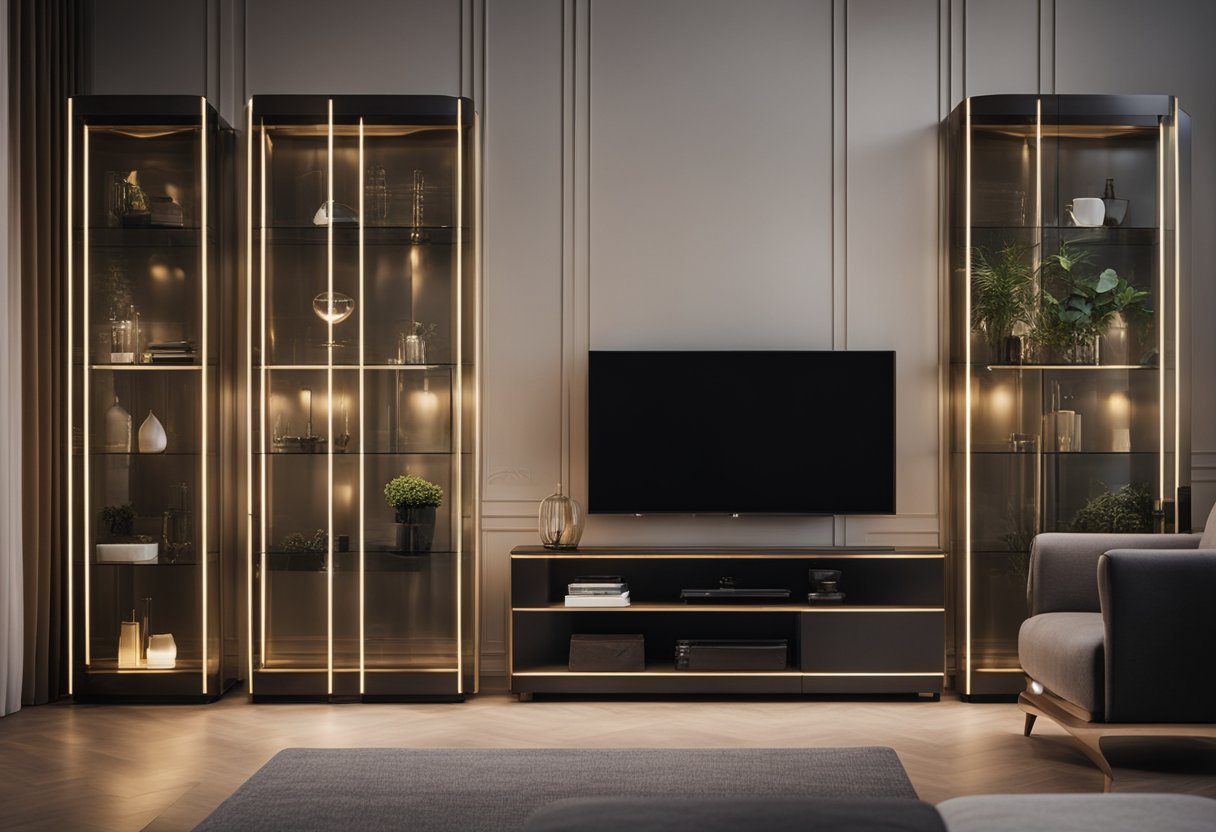 A sleek glass cabinet stands in the living room, with clean lines and modern design. It holds various decorative items and is illuminated by soft, warm lighting