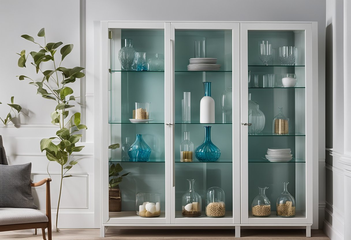 A modern glass cabinet stands against a white wall in a well-lit living room, showcasing neatly arranged decorative items and glassware