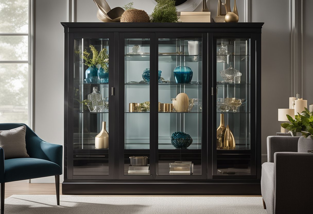 A sleek glass cabinet is elegantly styled and organized with decorative items in a modern living room setting