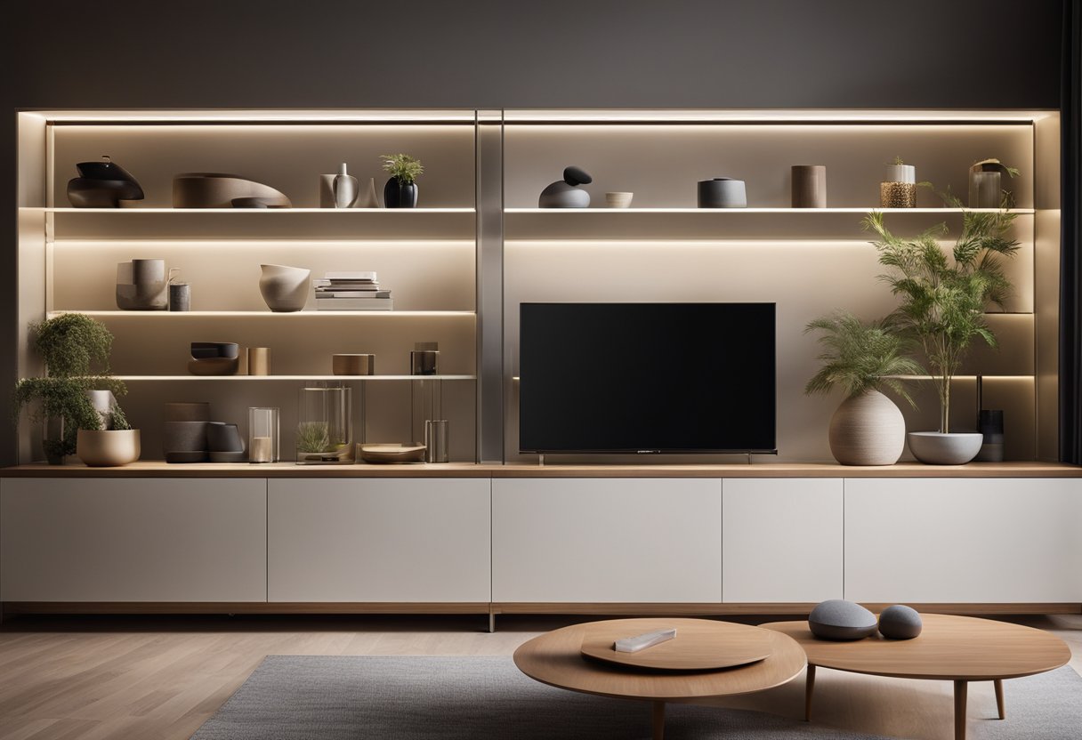 A glass cabinet stands in a modern living room, displaying neatly arranged items. The cabinet is sleek and minimalist, with soft lighting highlighting the contents inside