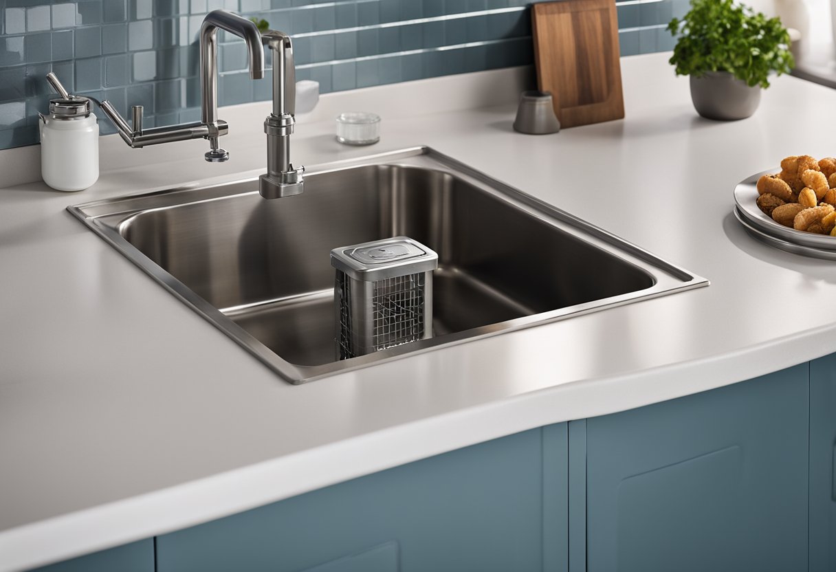 A stainless steel grease trap installed under the kitchen sink, with a vertical inlet pipe and a horizontal outlet pipe connected to the drainage system