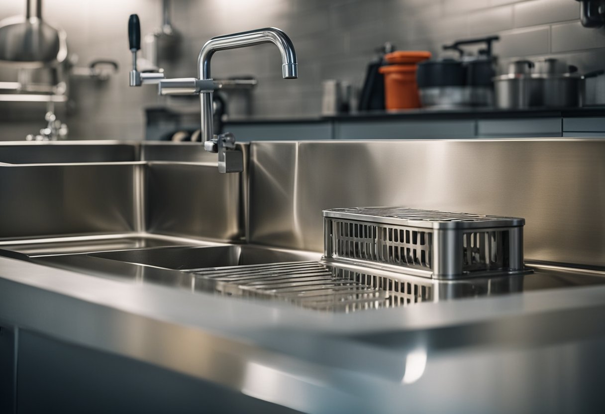 A kitchen with a large, underground grease trap connected to the sink and drainage system. The trap is designed with baffles and a retention capacity to separate and collect grease and oils