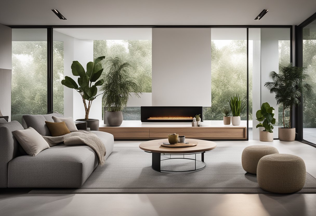 A modern grill design in a spacious living room with sleek lines and a minimalist color scheme. The grill is positioned as a focal point, surrounded by comfortable seating and natural lighting