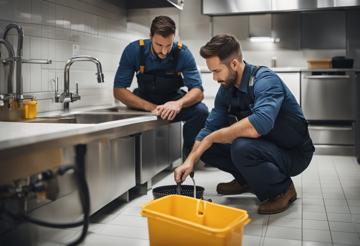 A plumber installs a grease trap under a kitchen sink, while a maintenance worker cleans and inspects the trap for proper function
