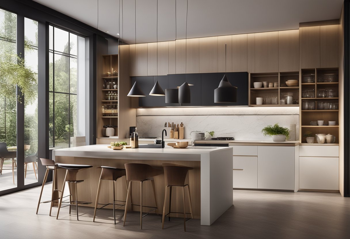 A modern kitchen with open shelves, sleek appliances, and a central island for cooking and socializing. The space is well-lit with natural light and features clean lines and a minimalist design
