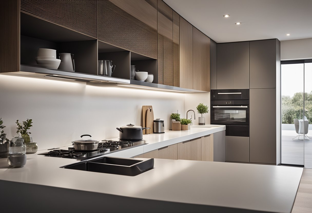 A sleek, modern kitchen concealed behind sliding panels. Minimalist design with hidden appliances and clever storage solutions
