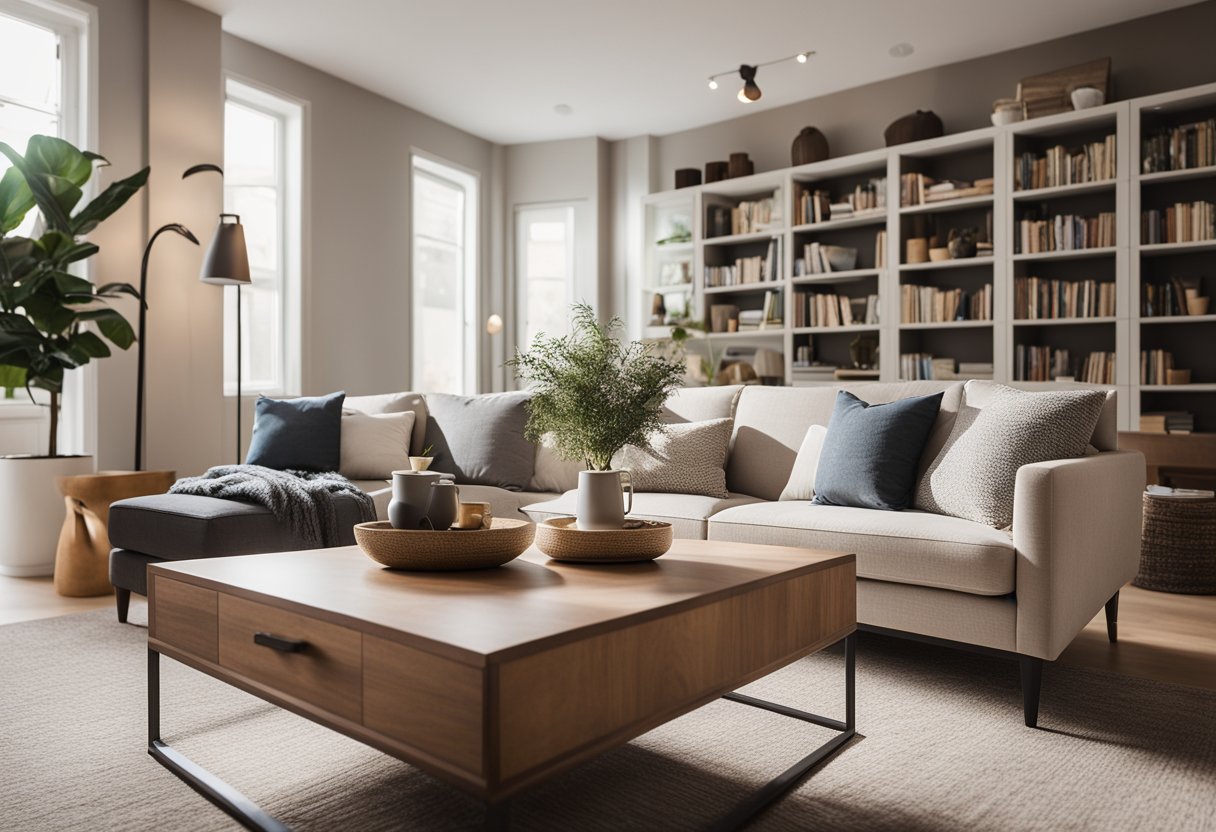 A small living room with a cozy sofa, coffee table, and bookshelf. Soft lighting and a neutral color palette create a warm and inviting atmosphere