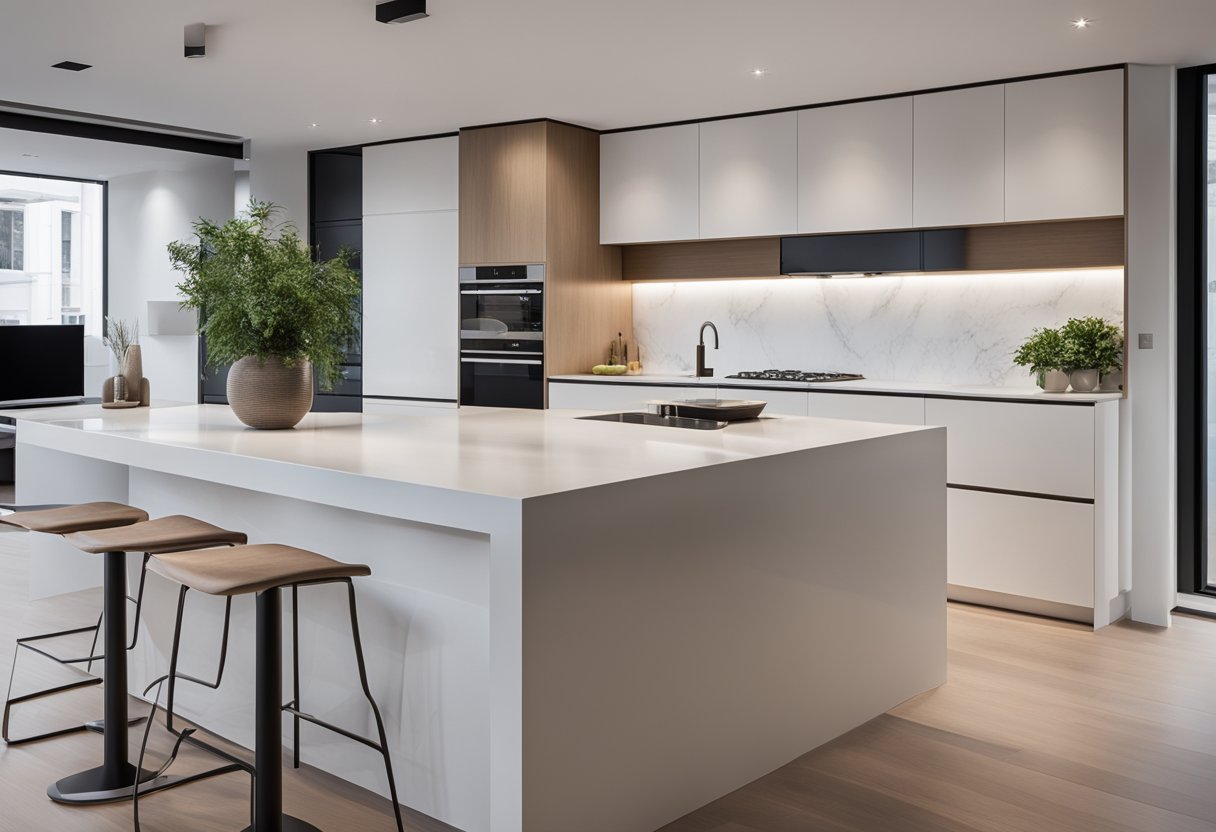 A sleek, modern kitchen seamlessly integrated into a living space, with hidden cabinets and appliances for a minimalist, innovative design