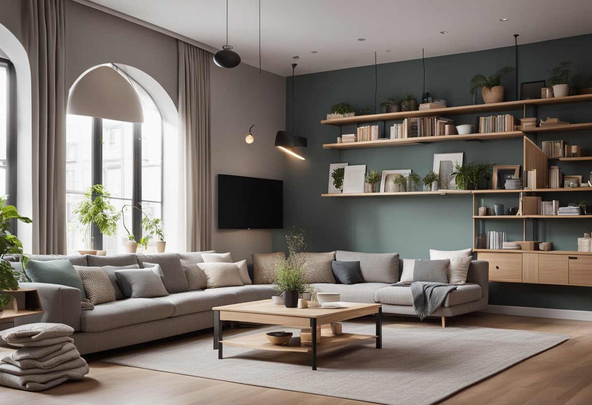 A cozy small living room with clever furniture arrangement to maximize space. A compact sofa, wall-mounted shelves, and a foldable coffee table create an inviting and functional space