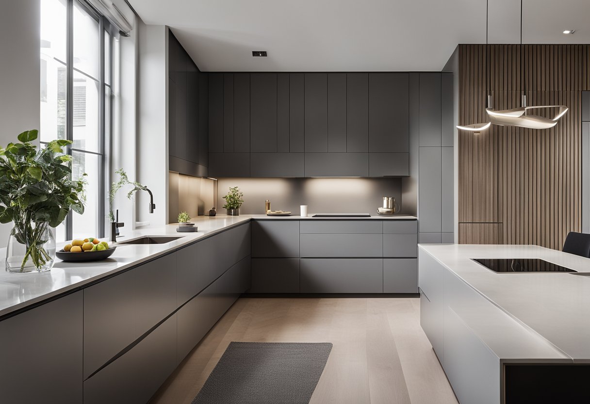 A sleek, minimalist kitchen with hidden appliances and clever storage solutions. Clean lines, neutral colors, and integrated technology create a modern and functional space