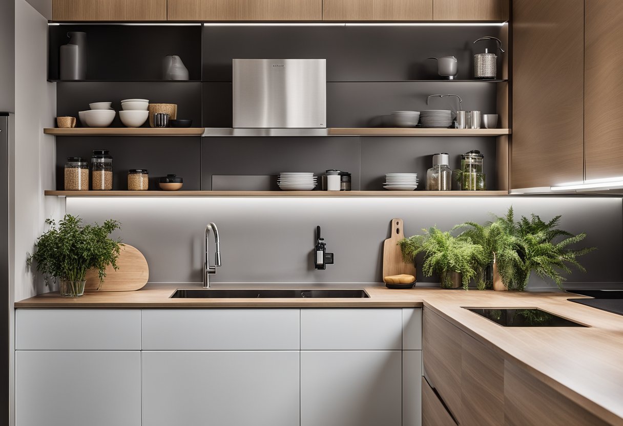 A modern kitchen with hidden storage compartments and sleek, minimalist design. Clean lines, neutral colors, and smart organization solutions