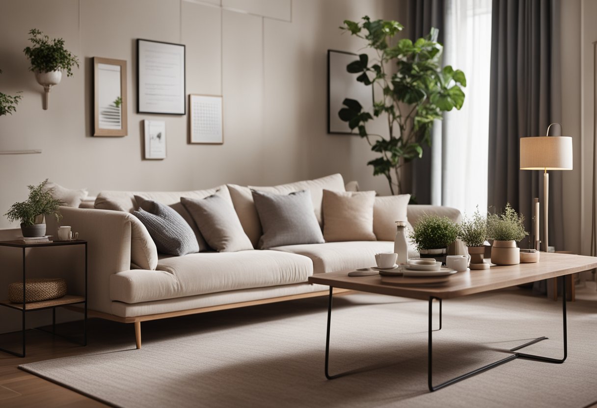 A cozy small living room with a neutral color palette, a comfortable sofa, a stylish coffee table, and soft lighting from large windows