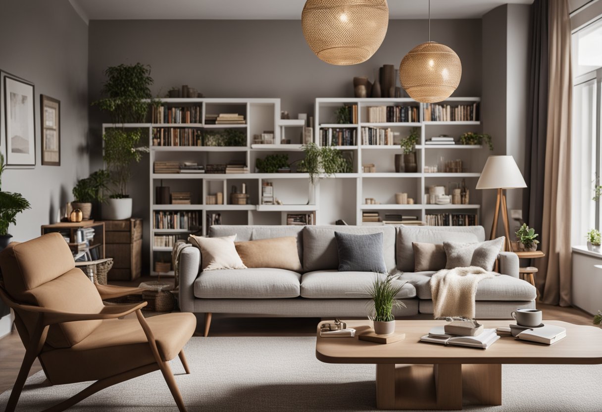 A cozy small living room with a neutral color palette, a comfortable sofa, a stylish coffee table, and shelves filled with decorative items and books