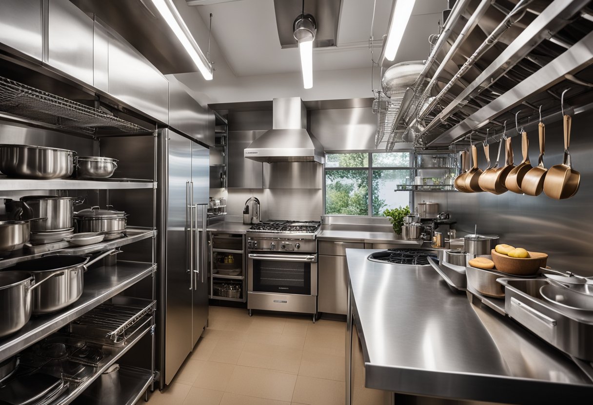 A compact industrial kitchen with stainless steel appliances, hanging pot racks, and open shelving for efficient storage