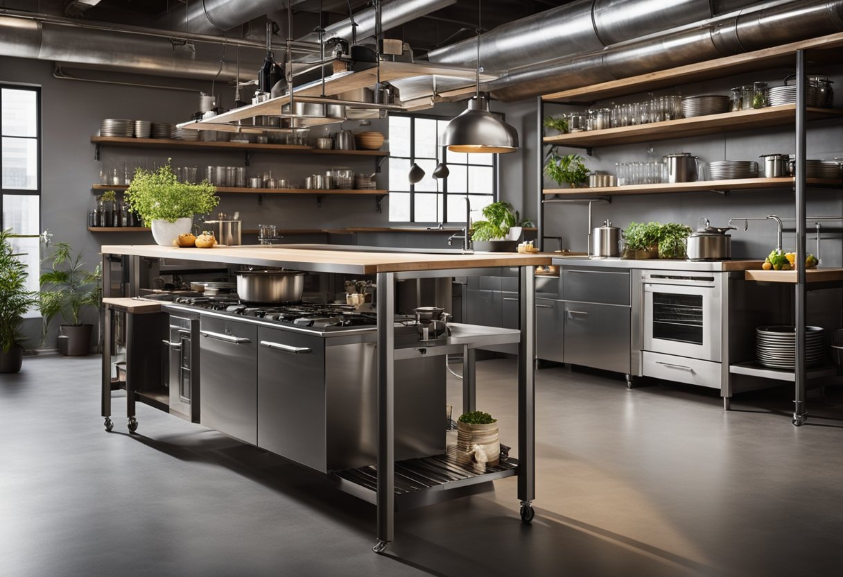 An industrial-style kitchen with exposed pipes, metal shelving, and a large central island, maximizing space in a small area