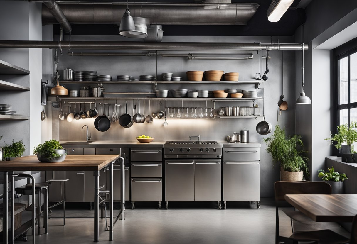 A compact industrial kitchen with exposed pipes, metal shelving, and concrete countertops. The space features sleek stainless steel appliances and minimalist lighting fixtures