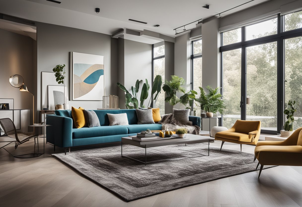 A spacious living room with modern sofas, a sleek coffee table, and a large area rug. The walls are adorned with colorful artwork, and large windows let in plenty of natural light