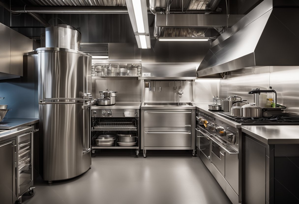 A compact industrial kitchen with efficient layout, stainless steel appliances, and clever storage solutions
