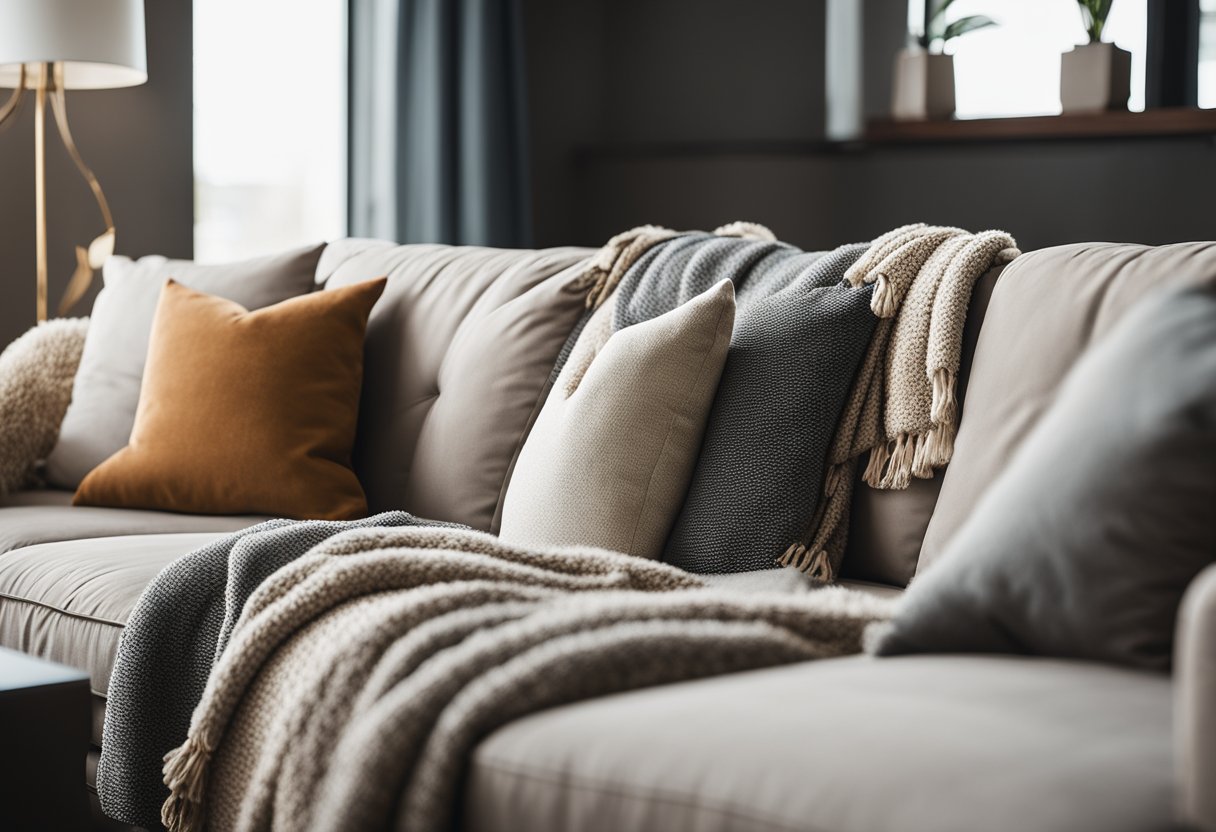 A cozy living room with a modern sofa, soft pillows, and a warm throw blanket. The room is well-lit with natural light, and the sofa is the focal point of the space