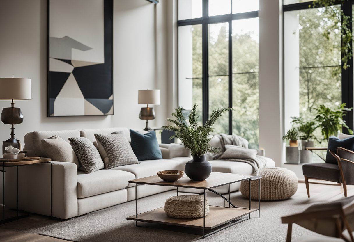 A cozy living room with a modern sofa, soft throw pillows, and a stylish coffee table. The room is well-lit with natural light from large windows, creating a welcoming and comfortable space