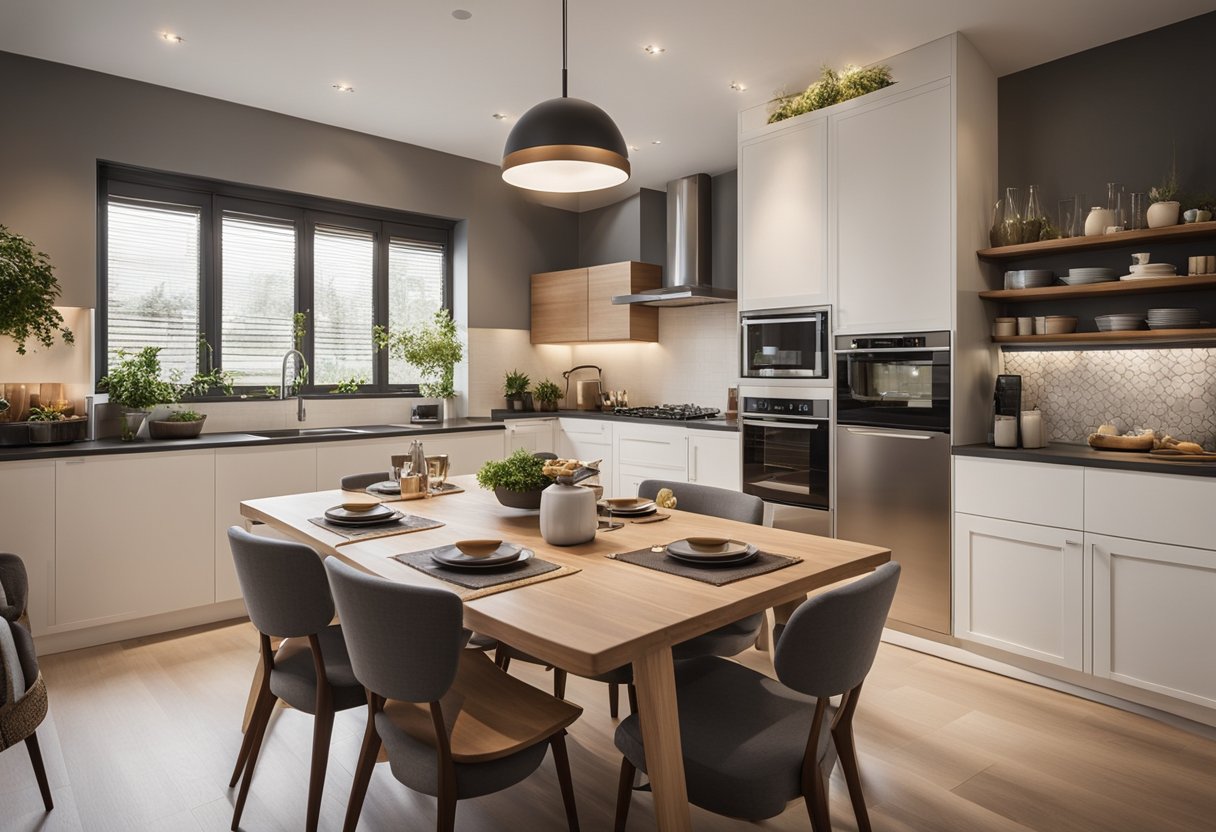 A spacious kitchen with modern appliances opens up to a cozy dining area with a large table and comfortable chairs. The color scheme is warm and inviting, with natural light streaming in through the windows