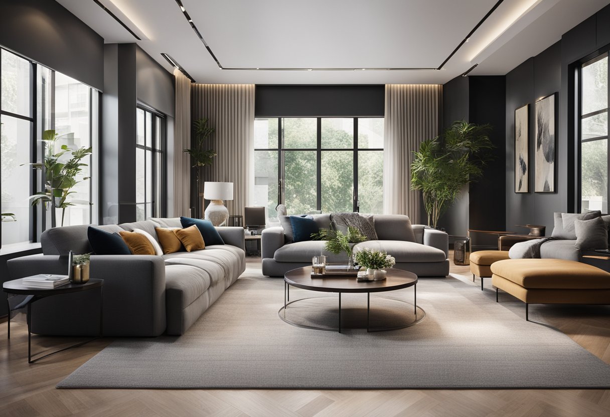 A modern living room with stylish sofas, elegant decor, and ample space for socializing and relaxation