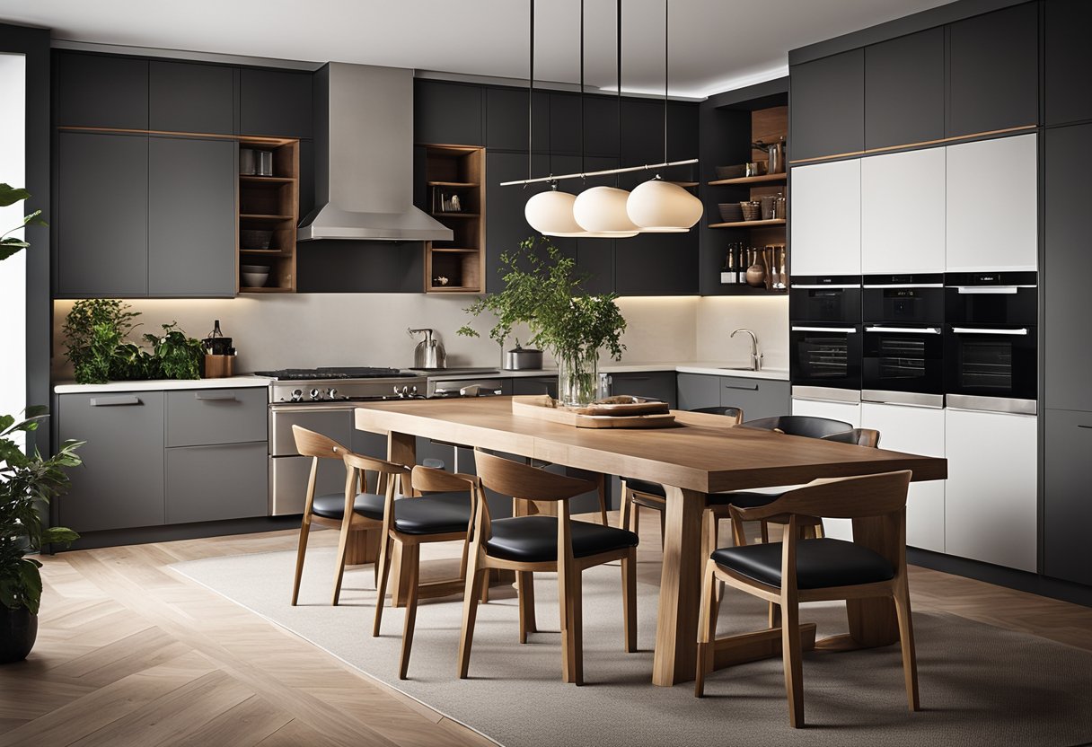 A modern kitchen with sleek cabinets and stainless steel appliances opens up to a spacious dining area with a large wooden table and comfortable chairs
