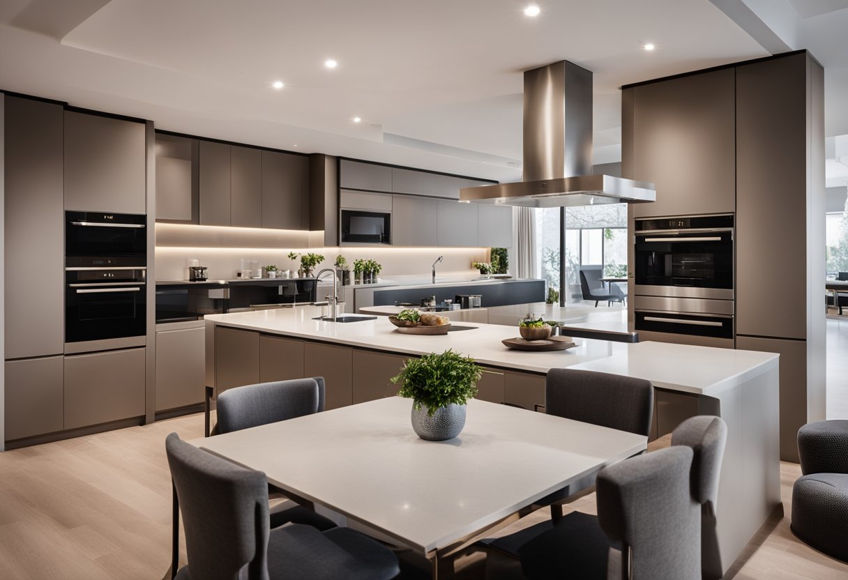 A spacious, modern kitchen with a sleek island and high-end appliances opens up to a stylish dining room with a large, elegant table and ambient lighting
