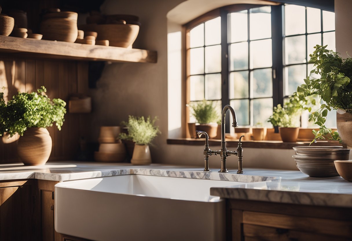 A spacious Italian kitchen with marble countertops, rustic wooden cabinets, and a large farmhouse sink. Sunlight streams in through the window, illuminating the warm earthy tones of the room