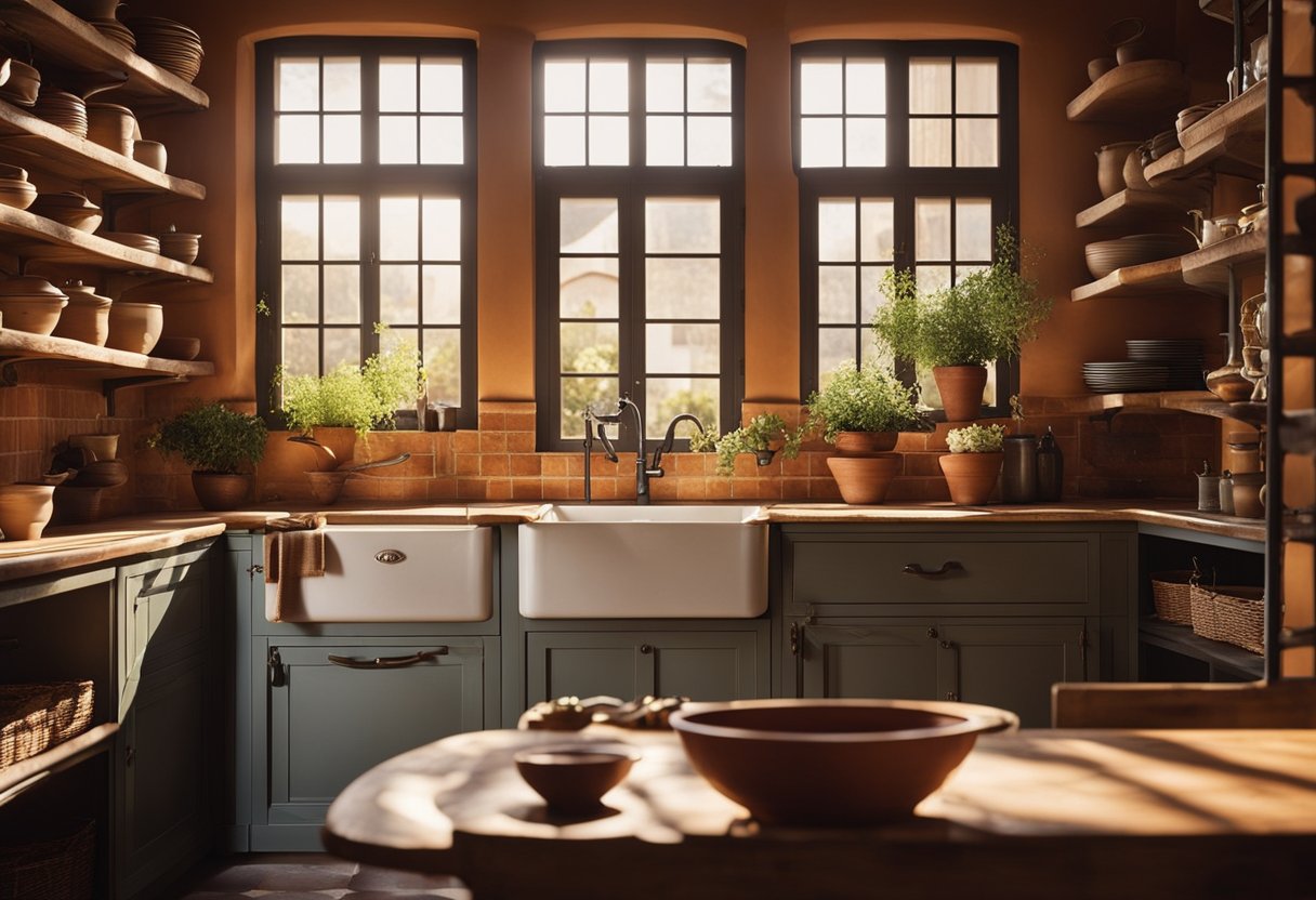 A rustic Italian kitchen with terracotta tiles, wrought iron accents, and traditional pottery on open shelves. Sunlight streams through a window, casting warm, inviting shadows