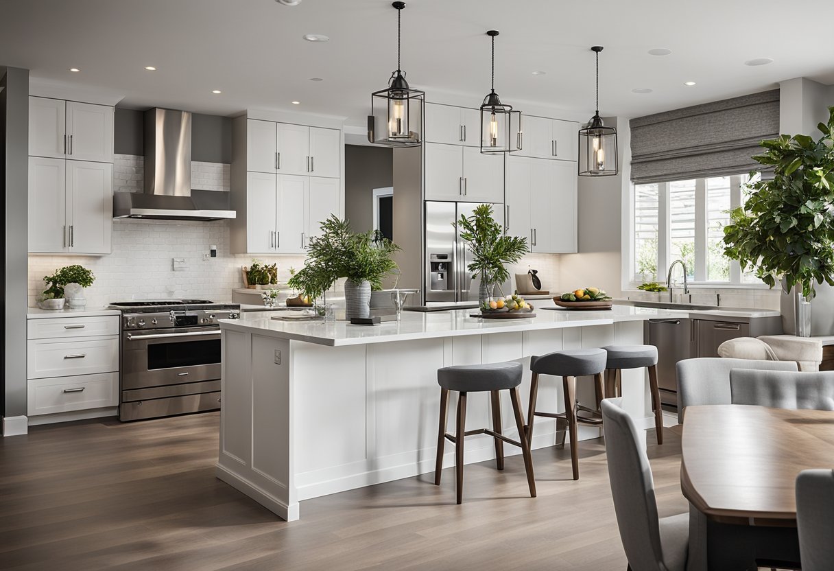 A spacious, modern kitchen and dining room with sleek countertops, stainless steel appliances, and a large dining table surrounded by comfortable chairs