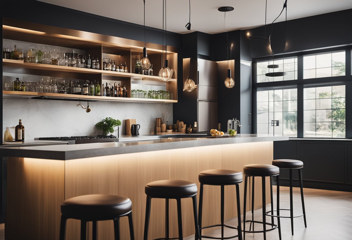 A cozy kitchen bar with a compact design, featuring a sleek countertop, modern bar stools, and hanging pendant lights