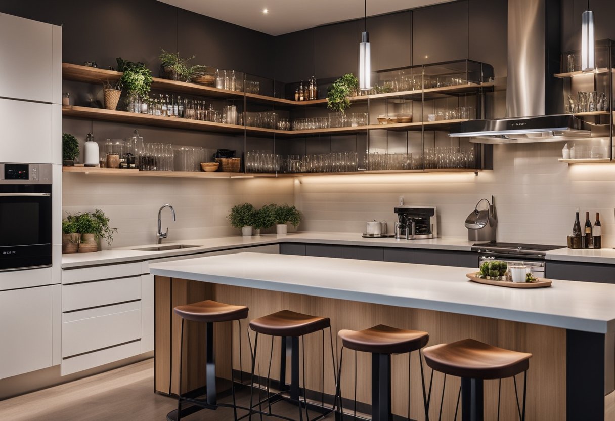 A small kitchen with a smartly designed bar area, utilizing space efficiently. Shelves and cabinets are neatly organized, and the bar is equipped with stools for seating