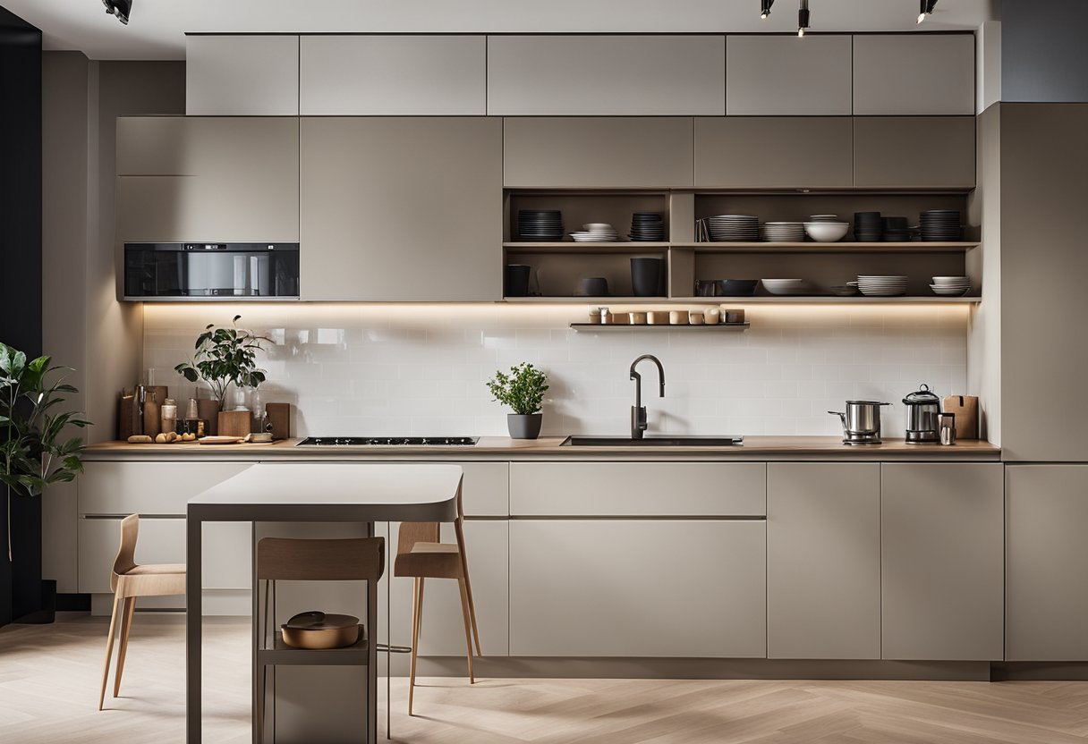 A well-lit, modern kitchen with sleek, handle-less cabinets in a neutral color palette. The cabinets are organized and clutter-free, showcasing clever storage solutions