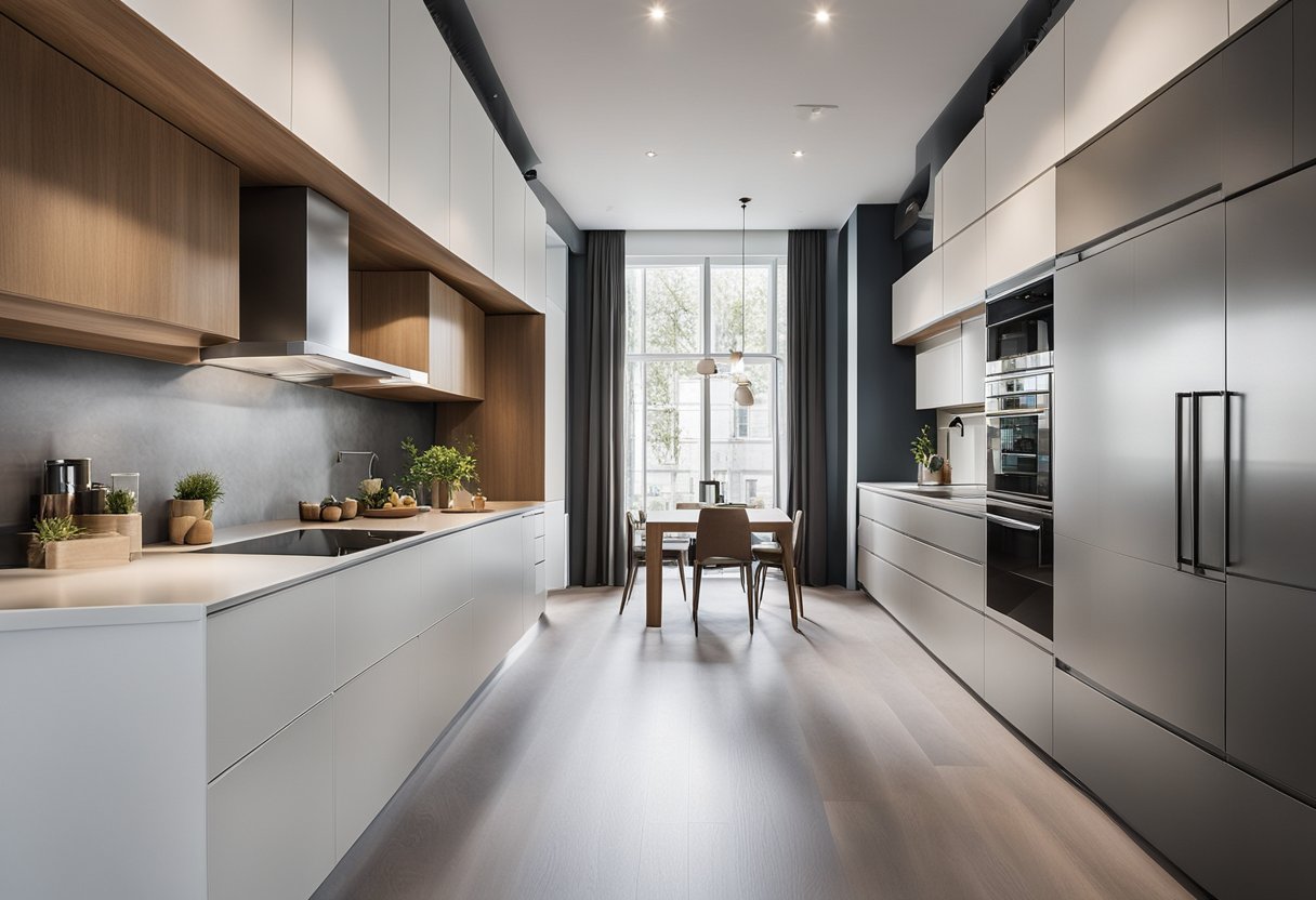 A spacious kitchen with sleek, modern cabinets, featuring ample storage and a minimalist design. The cabinets are a mix of open shelving and closed storage, with clean lines and a neutral color palette