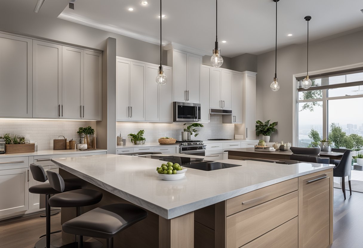A spacious kitchen with an L-shaped layout, featuring sleek, modern cabinets with ample storage. The design incorporates a large island for additional workspace and seating, with a neutral color palette to create a clean and contemporary look