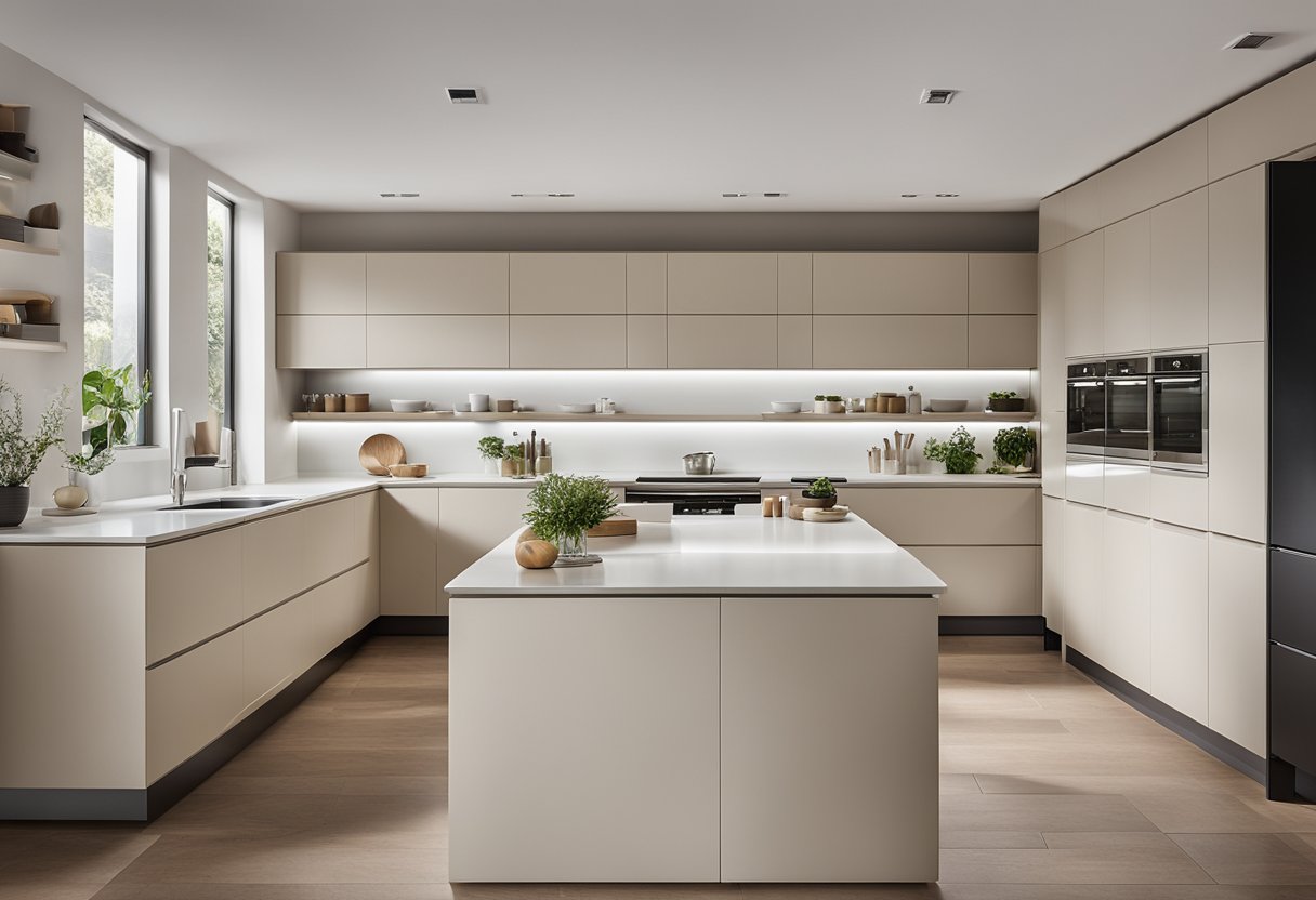 A modern kitchen with sleek, handle-less cabinets in a light, neutral color scheme. The cabinets are organized and labeled with clear, easy-to-read text