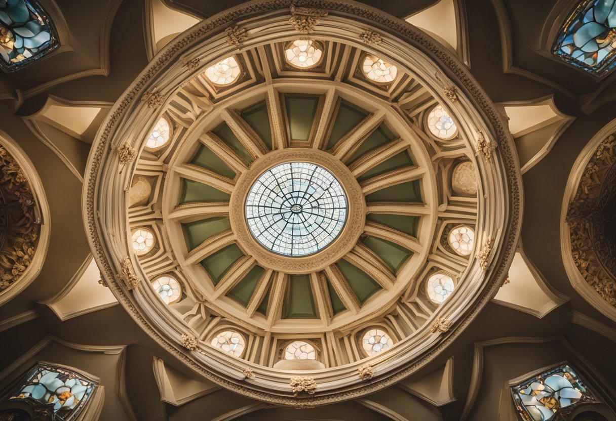 The kitchen ceiling features intricate geometric patterns and a central chandelier
