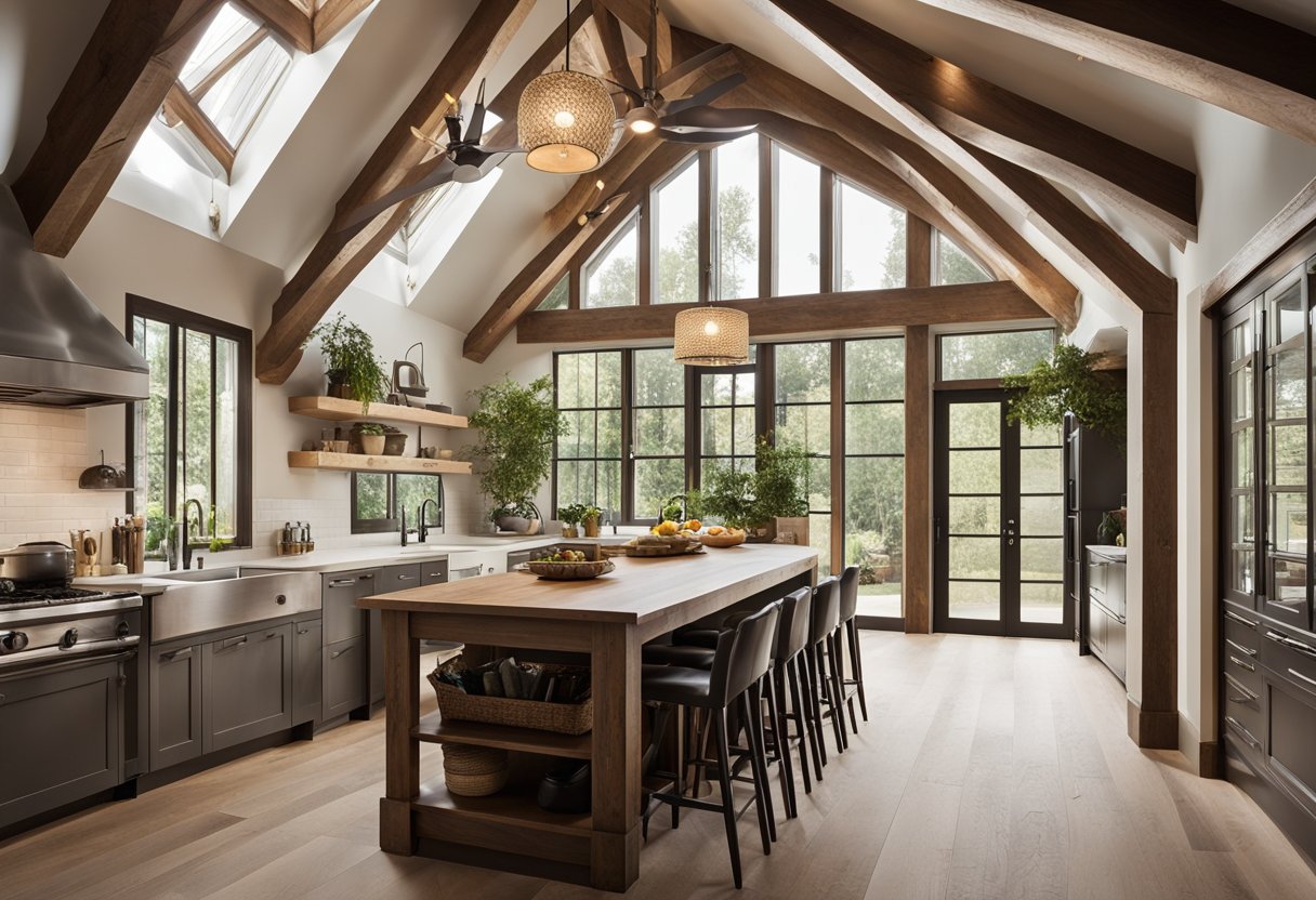 A kitchen with a high, vaulted ceiling. Exposed wooden beams add rustic charm, while recessed lighting illuminates the space
