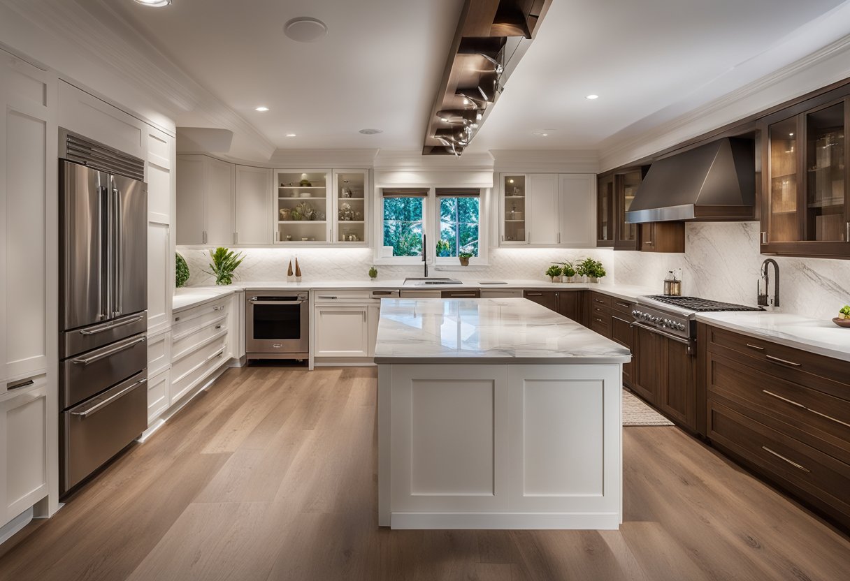 A kitchen with a white plaster ceiling, accented with recessed lighting and a wooden beam running across. Cabinets are a warm wood tone, with a marble countertop and backsplash