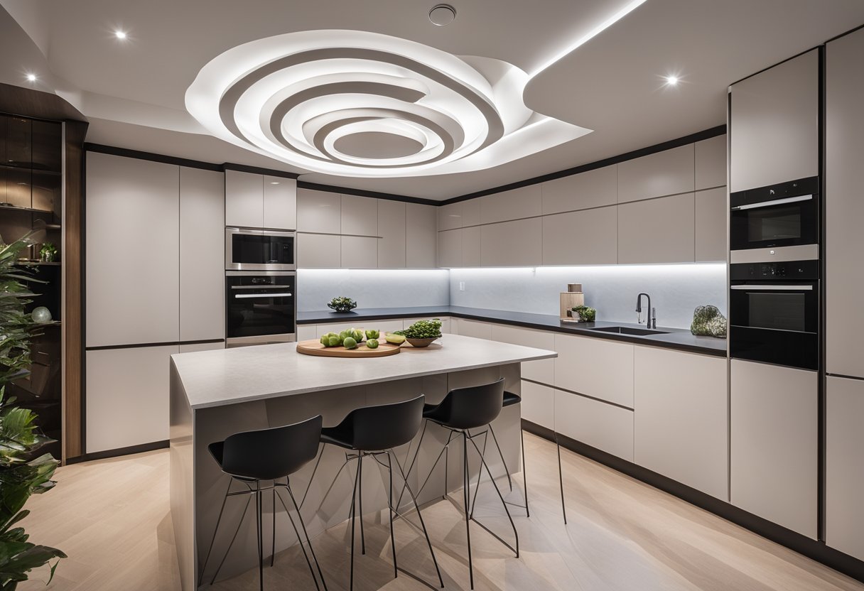 A modern kitchen with a unique ceiling design, featuring clean lines and recessed lighting
