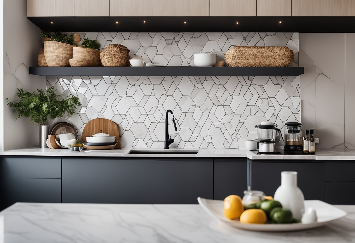A modern kitchen with sleek, white cabinets and open shelving. The countertops are made of marble, and the backsplash features a geometric tile pattern