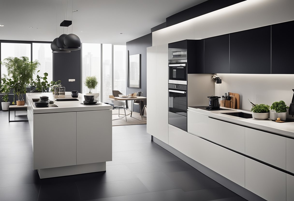 A modern kitchen with sleek, handle-less cupboards, integrated appliances, and clever storage solutions. Bold colors or minimalist monochrome