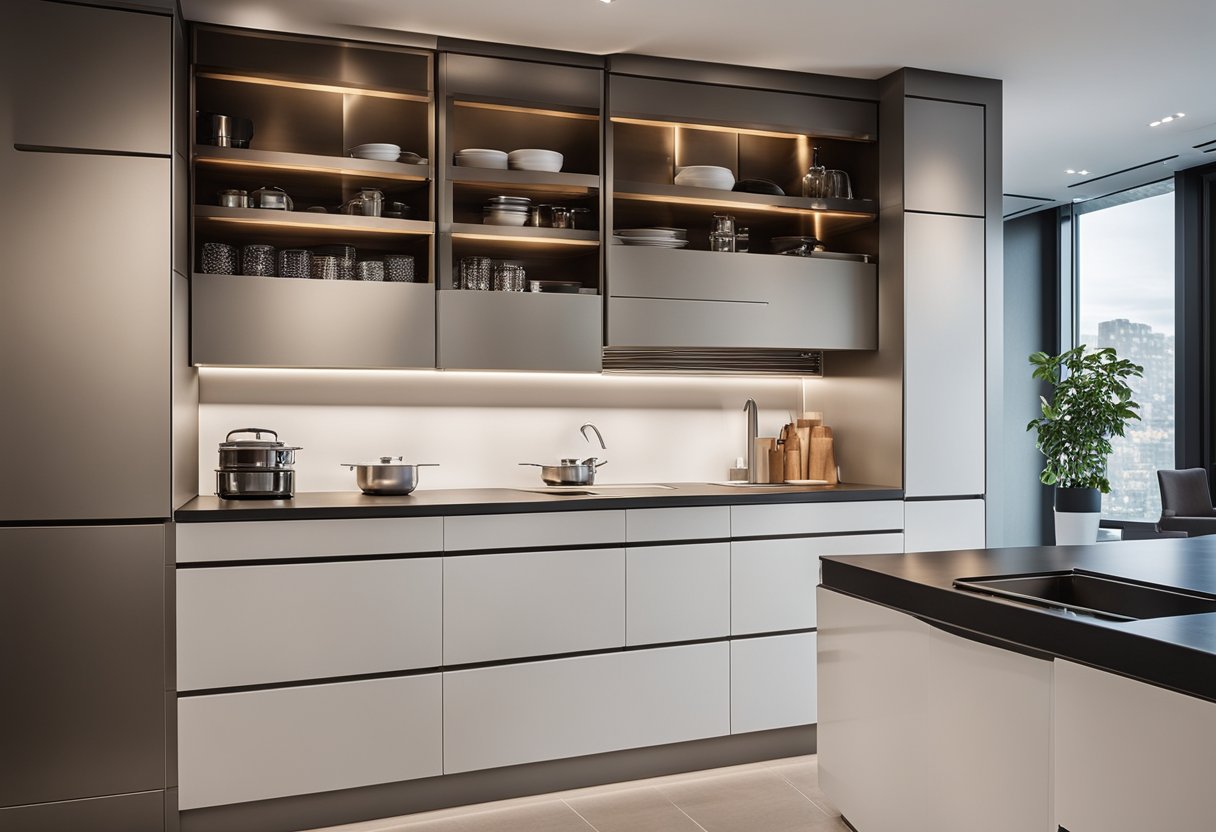 A modern kitchen cupboard with pull-out shelves, integrated lighting, and sleek hardware
