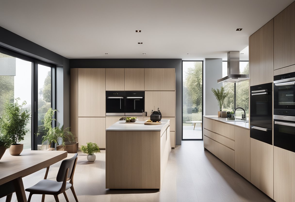 A modern kitchen with sleek, handle-less cupboards, integrated appliances, and clever storage solutions. Light floods in through large windows, illuminating the clean, minimalist design