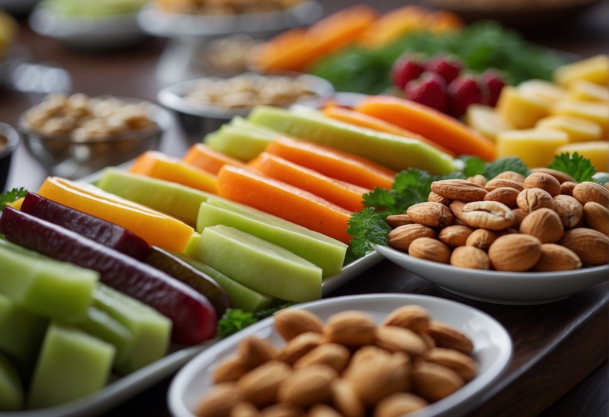 A table displays an array of colorful vegetarian snacks, including fresh fruits, assorted nuts, and vibrant vegetable sticks with dip