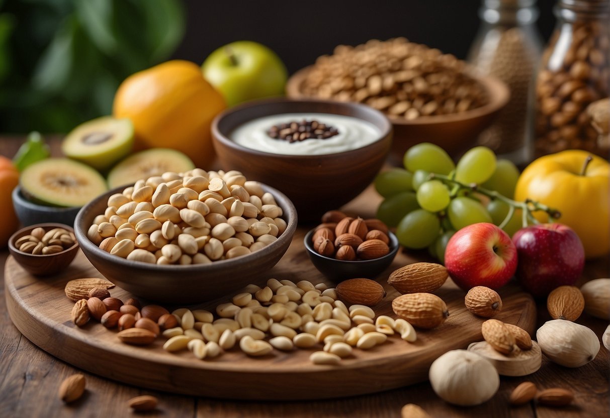 A variety of protein-rich foods like nuts, seeds, legumes, and dairy products arranged on a wooden cutting board with colorful fruits in the background