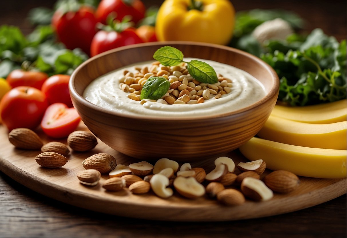 A colorful array of fruits, vegetables, nuts, and seeds arranged on a wooden cutting board with a bowl of hummus and a side of yogurt dip