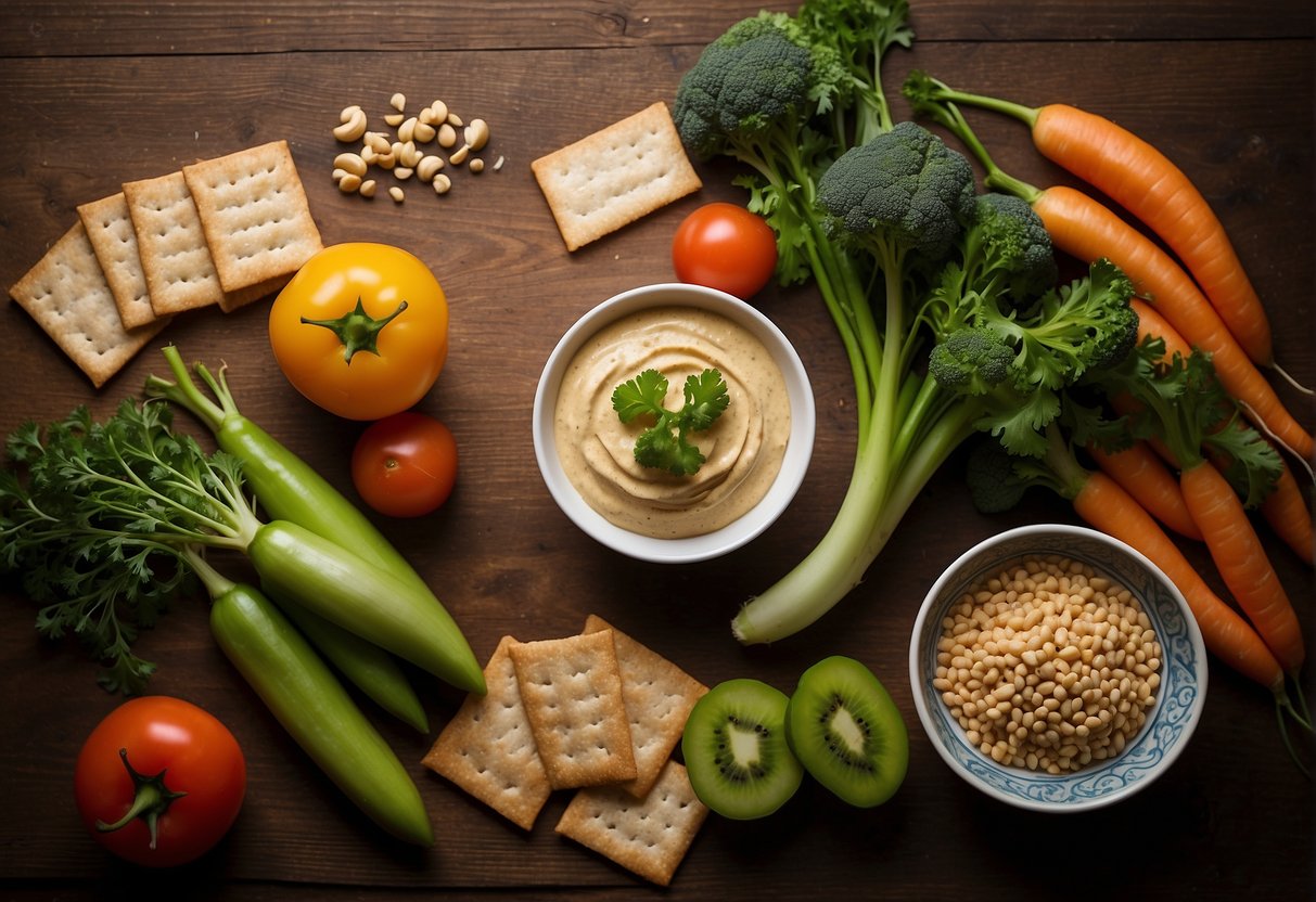 Fresh vegetables arranged on a cutting board, a bowl of hummus, and a stack of whole grain crackers