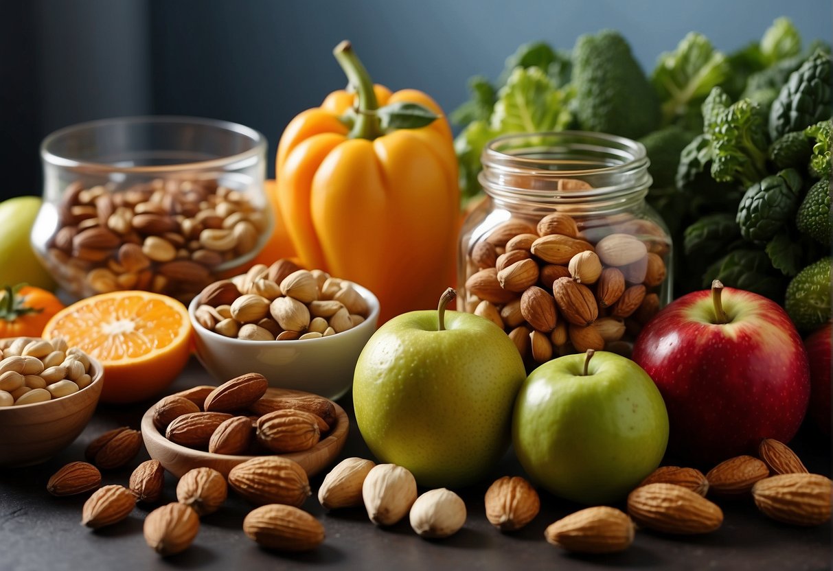 A variety of colorful fruits, nuts, and vegetables arranged on a clean, modern table with a glass of water
